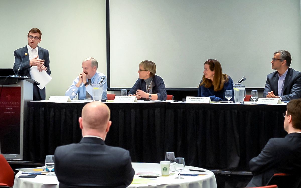Vice Dean Spadafora leads a panel discussion at the CBME Faculty Development Session with Drs. Eric Holmboe, Damon Dagnone, Susan Glover Takahashi and Shannon Venance
